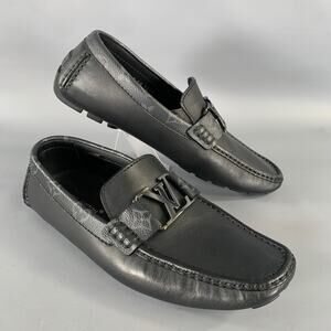 LOUIS VUITTON Size 7.5 Black Grey Logo Leather Loafers